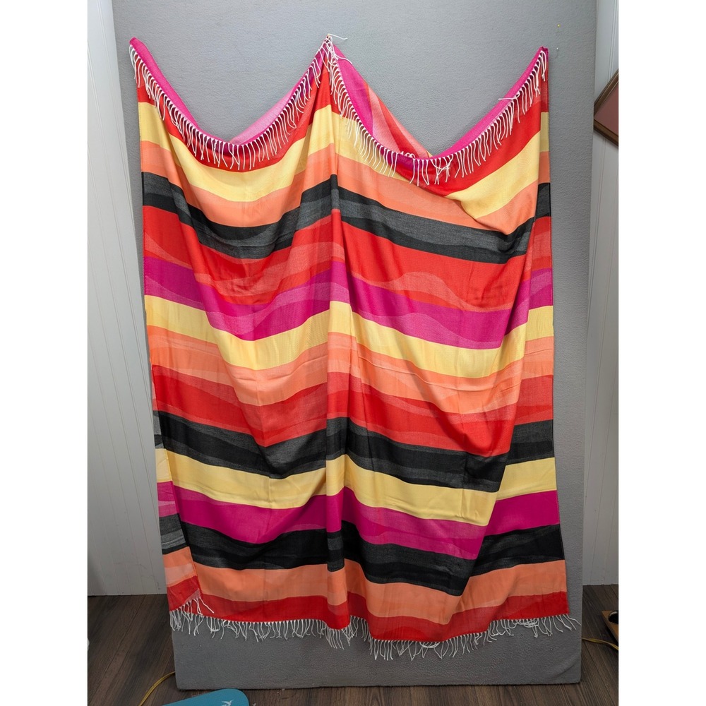 Boho Striped Fringe Throw Blanket‎ Sarong Beach Wrap Cover Ups Large 62"x62"